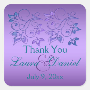 Purple, Teal Blue Floral 1.5" Sq. Wedding Favour Square Sticker