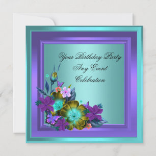 Purple Teal Blue Floral Elegant Party Invitation