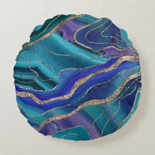 Purple Teal Blue Galaxy Nebula Agate Glitter #1 Round Cushion