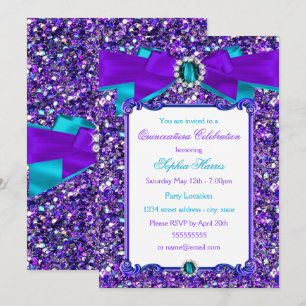 Purple Teal Blue Glitter Jewel Bow Quinceanera Invitation