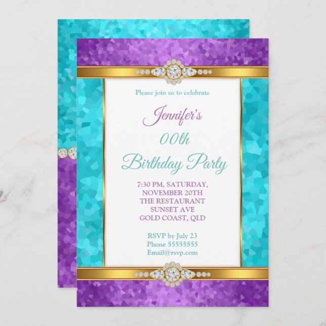 Purple Teal Blue Gold Diamond Birthday Party Invitation (Front/Back)