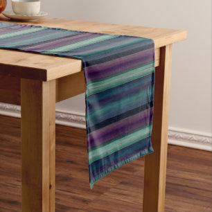 Purple Teal Blue Green Watercolor Stripes Pattern Short Table Runner