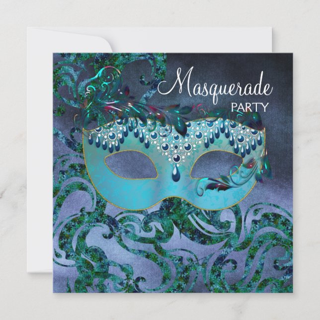 Purple Teal Blue Masquerade Party Invitations (Front)