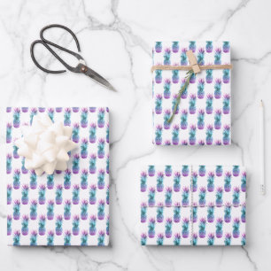 Purple Teal Blue Pineapple Pattern Wrapping Paper Sheet