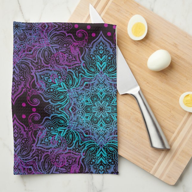 Purple Teal Blue Snowflake Mandala Apron Tea Towel (Quarter Fold)