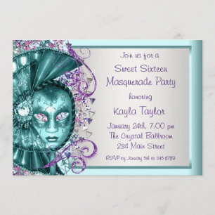 Purple Teal Blue Sweet Sixteen Masquerade Party Invitation