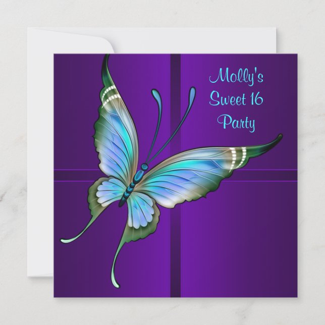 Purple Teal Butterfly Sweet 16 Birthday Party Invitation (Front)