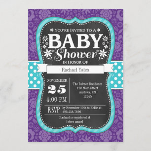 Purple Teal Chalkboard Floral Baby Shower Invite