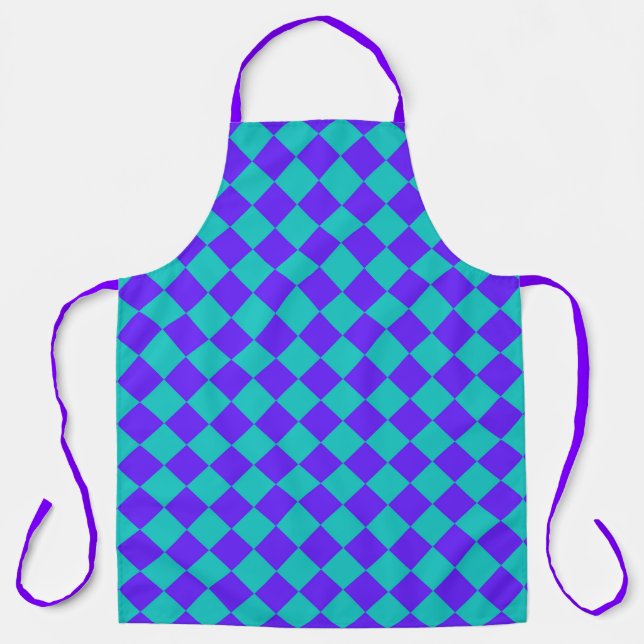 Purple Teal Chequered Diamond Pattern Apron (Front)