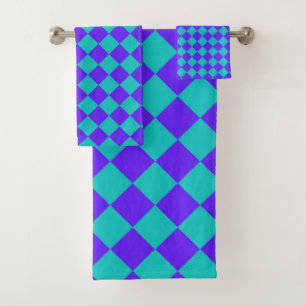 Purple Teal Chequered Diamond Pattern  Bath Towel Set