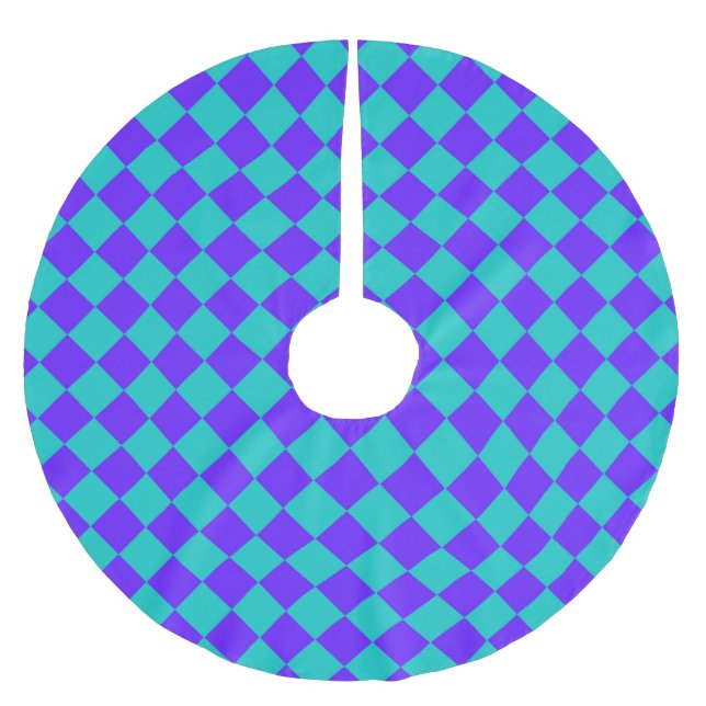 Purple Teal Chequered Diamond Pattern Brushed Polyester Tree Skirt (Front)