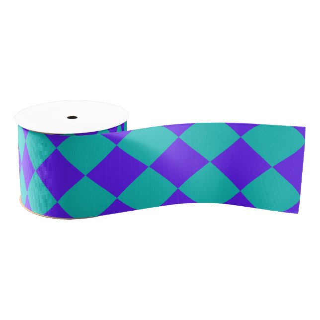 Purple Teal Chequered Diamond Pattern Grosgrain Ribbon (Spool)