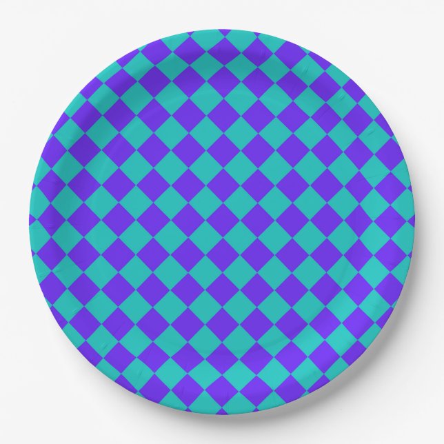 Purple Teal Chequered Diamond Pattern Paper Plate (Front)