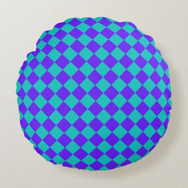 Purple Teal Chequered Diamond Pattern  Round Cushion (Front)