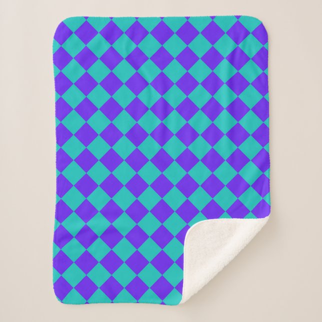 Purple Teal Chequered Diamond Pattern  Sherpa Blanket (Front)
