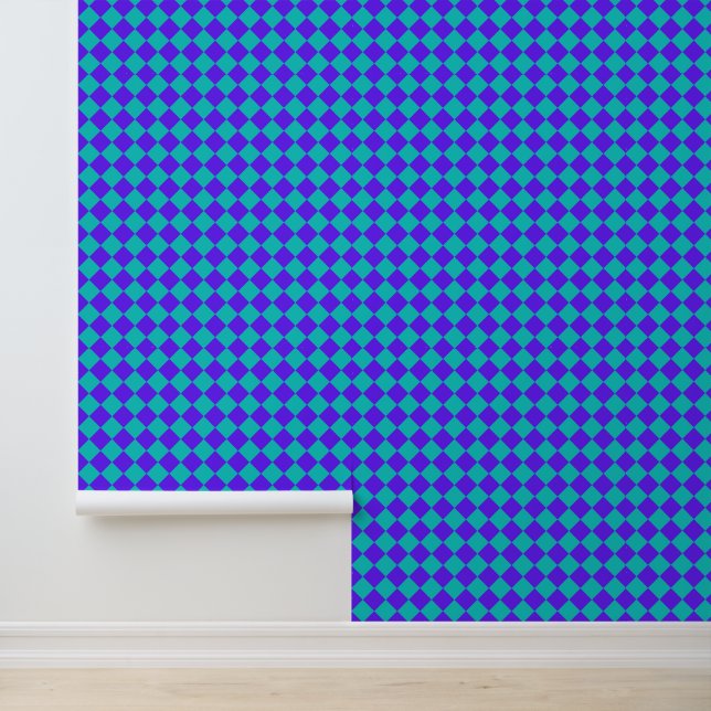 Purple Teal Chequered Diamond Pattern Wallpaper (Application)