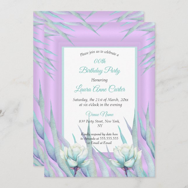 Purple Teal Delicate Floral Photo Birthday Invitation (Front/Back)