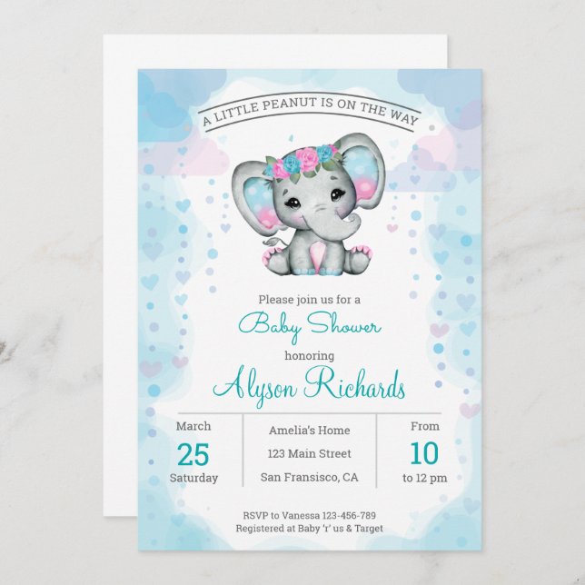 Purple teal elephant   Baby Shower Invitation (Front/Back)