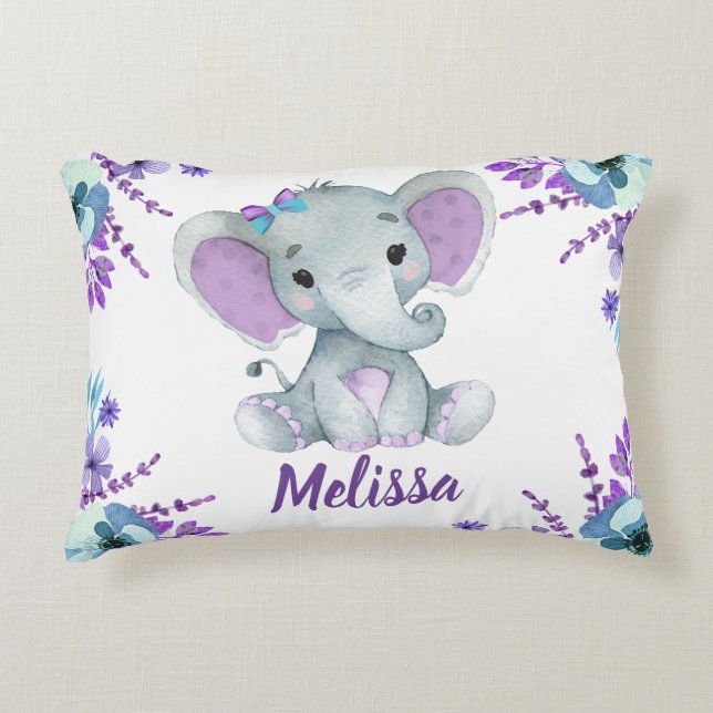 Purple teal elephant girl Custom name Pillow (Front)