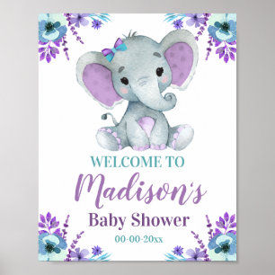 Purple Teal Elephant Welcome Sign, Girl Shower Poster