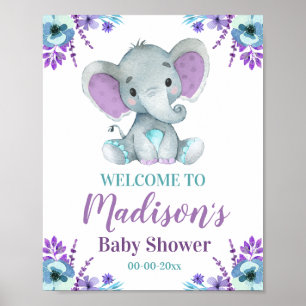 Purple Teal Elephant Welcome Sign, Neutral Shower Poster