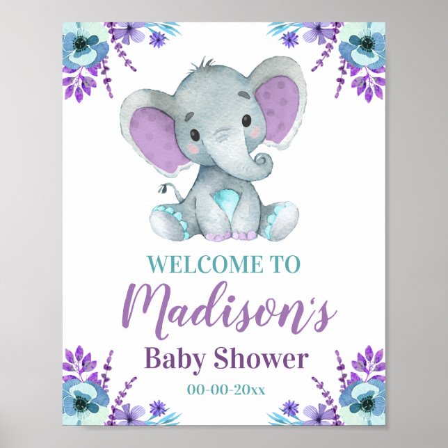 Purple Teal Elephant Welcome Sign, Neutral Shower Poster (Front)