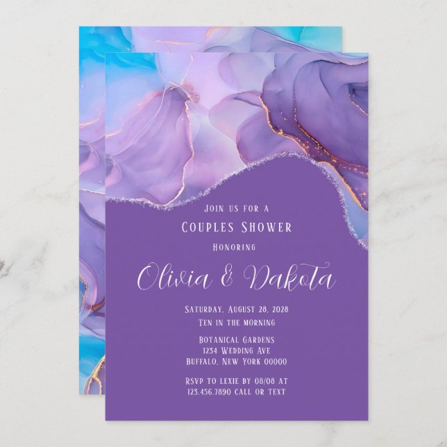 Purple Teal Ethereal Alcohol Ink Couples Shower Invitation (Front/Back)