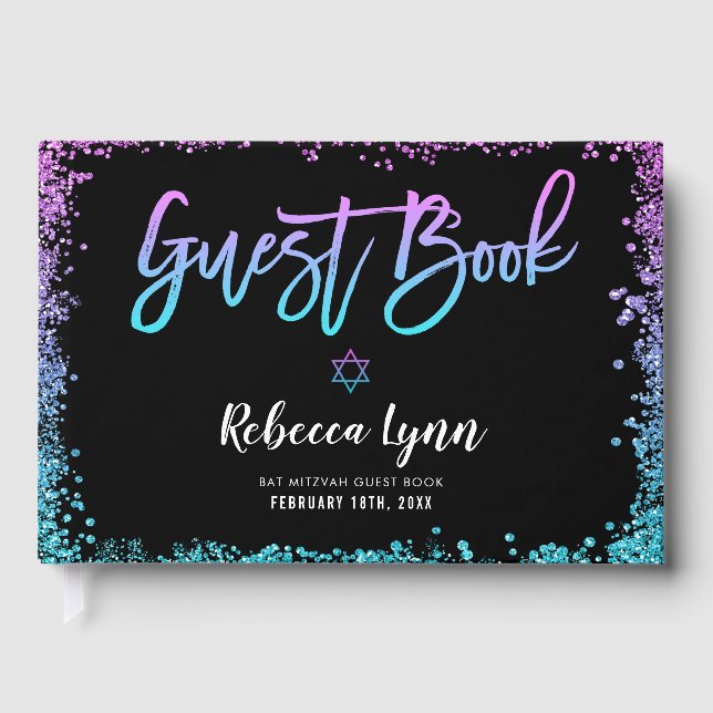 Purple Teal Faux Glitter Bat Mitzvah Guest Book (Front)