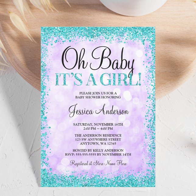 Purple Teal Faux Glitter Lights Girl Baby Shower Invitation (Creator Uploaded)