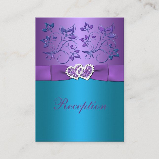 Purple Teal Floral Hearts Reception Enclosure Card (Front)