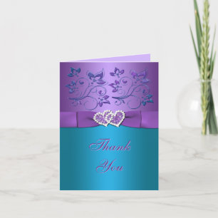 Purple, Teal Floral, Hearts Thank You Card