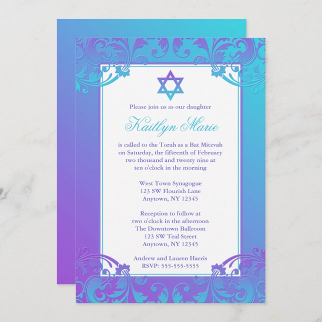 Purple Teal Flourish Bat Mitzvah Invitations (Front/Back)