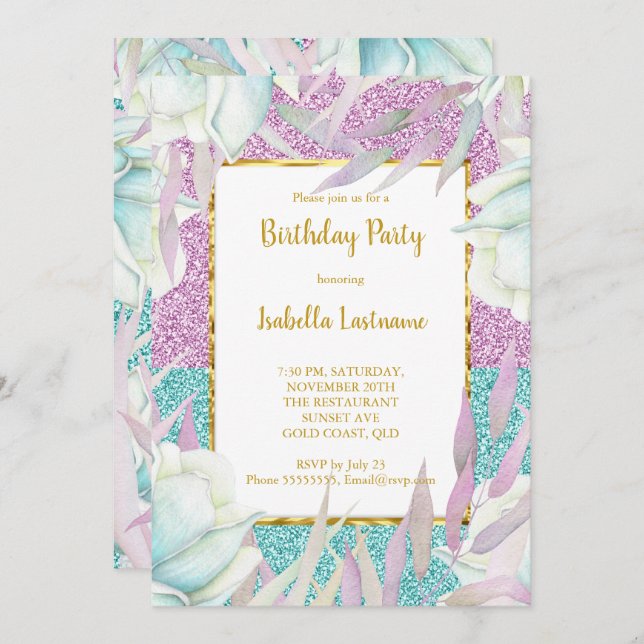 Purple Teal Glitter Floral Gold Birthday Party Invitation (Front/Back)