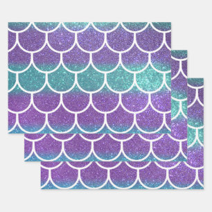Purple Teal Glitter Mermaid Scallop Scales Wrapping Paper Sheet