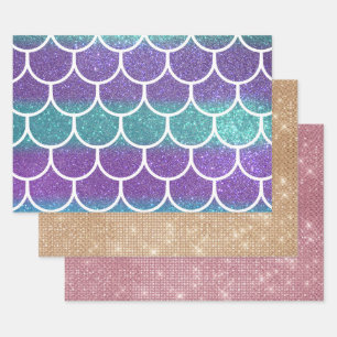 Purple Teal Glitter Mermaid Scallop Scales Wrapping Paper Sheet