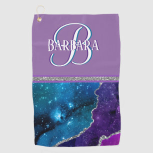 Purple Teal Glittery Silver Monogram First Name Golf Towel