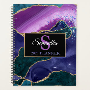 Purple Teal Gold Agate Monogram Modern Luxury Planner