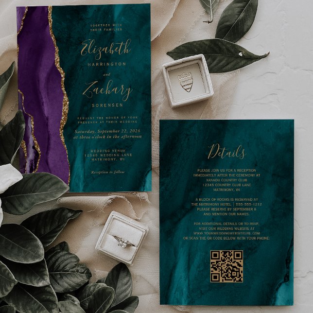 Purple Teal Gold Agate QR Code Wedding Invitation (Creator Uploaded)