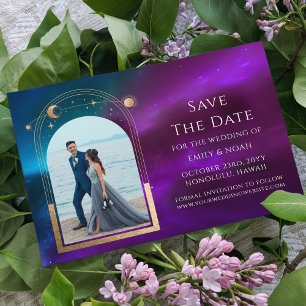 Purple Teal Gold Celestial Wedding Photo Save The Date