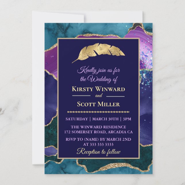 Purple Teal Gold Glitter Agate Wedding Invitation (Front)
