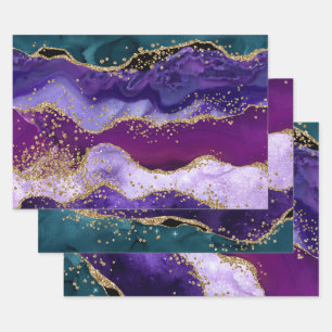 Purple & Teal & Gold Glitter Peacock Agate Wrapping Paper Sheet