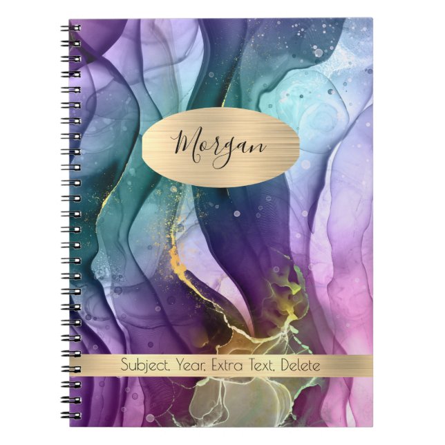 Purple, Teal, Gold Ink Abstract Name/Subject Notebook (Front)