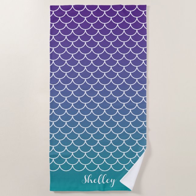 Purple Teal Gradient Mermaid Fishscale Beach Towel (Front)