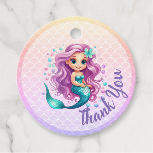 Purple Teal Little Mermaid Watercolor Birthday Favour Tags