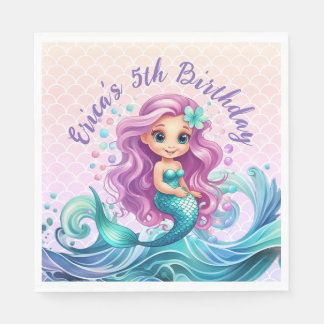 Purple Teal Little Mermaid Watercolor Birthday Napkin