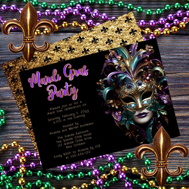 Purple | Teal Masquerade Mask Mardi Gras Party Invitation (Purple and Teal Masquerade Mask Mardi Gras Party Invitation)