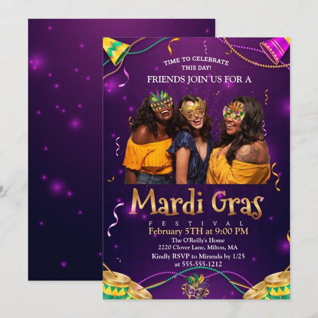 Purple | Teal Masquerade Masks Mardi Gras Party Invitation (Front/Back)