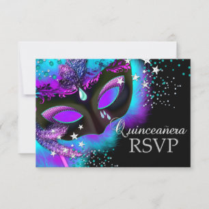 Purple & Teal Masquerade Quinceanera RSVP Card