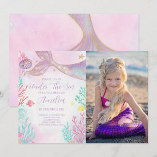 Purple Teal Mermaid Birthday Photo Invitation