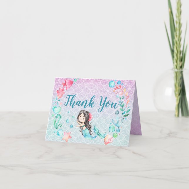 Purple Teal Mermaid Girl's Baby Shower Thank You Card (Front)